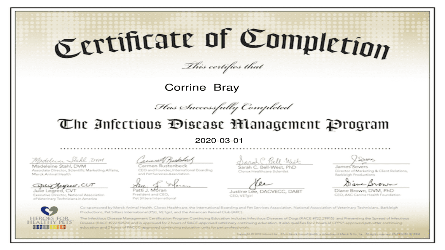 Heroes for Healthy Pets Certificate